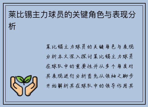 莱比锡主力球员的关键角色与表现分析